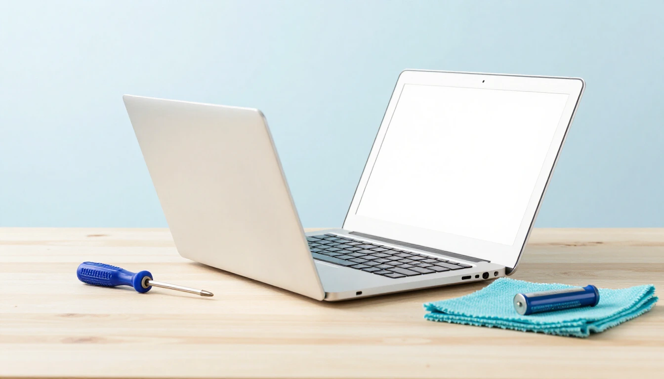 An open silver laptop on a light wooden desk next to a small screwdriver, a replacement battery and a cleaning cloth