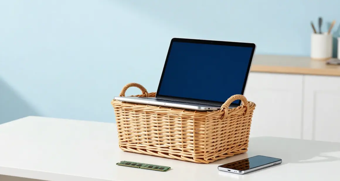 A wicker basket on a bright white table holding an open laptop, with a smartphone and a green memory module lying beside it