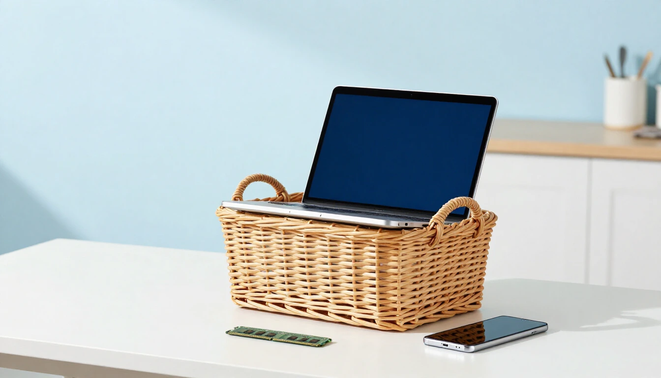 A wicker basket on a bright white table holding an open laptop, with a smartphone and a green memory module lying beside it
