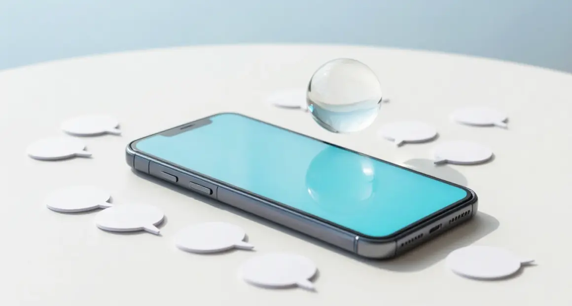 A smartphone with a blank glowing screen on a bright white table, surrounded by small blank paper speech bubbles, a glass sphere hovering above it