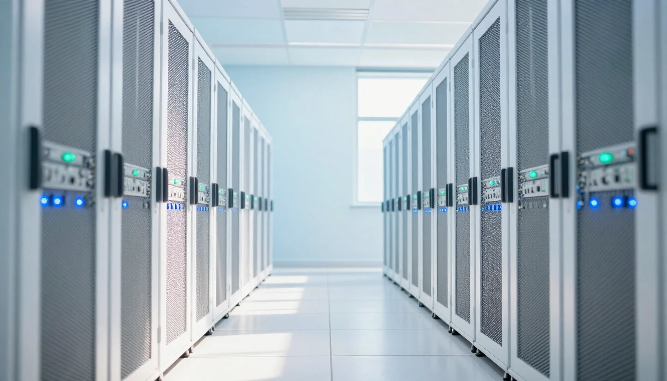 A long bright data hall with rows of white server racks and small blue status lights