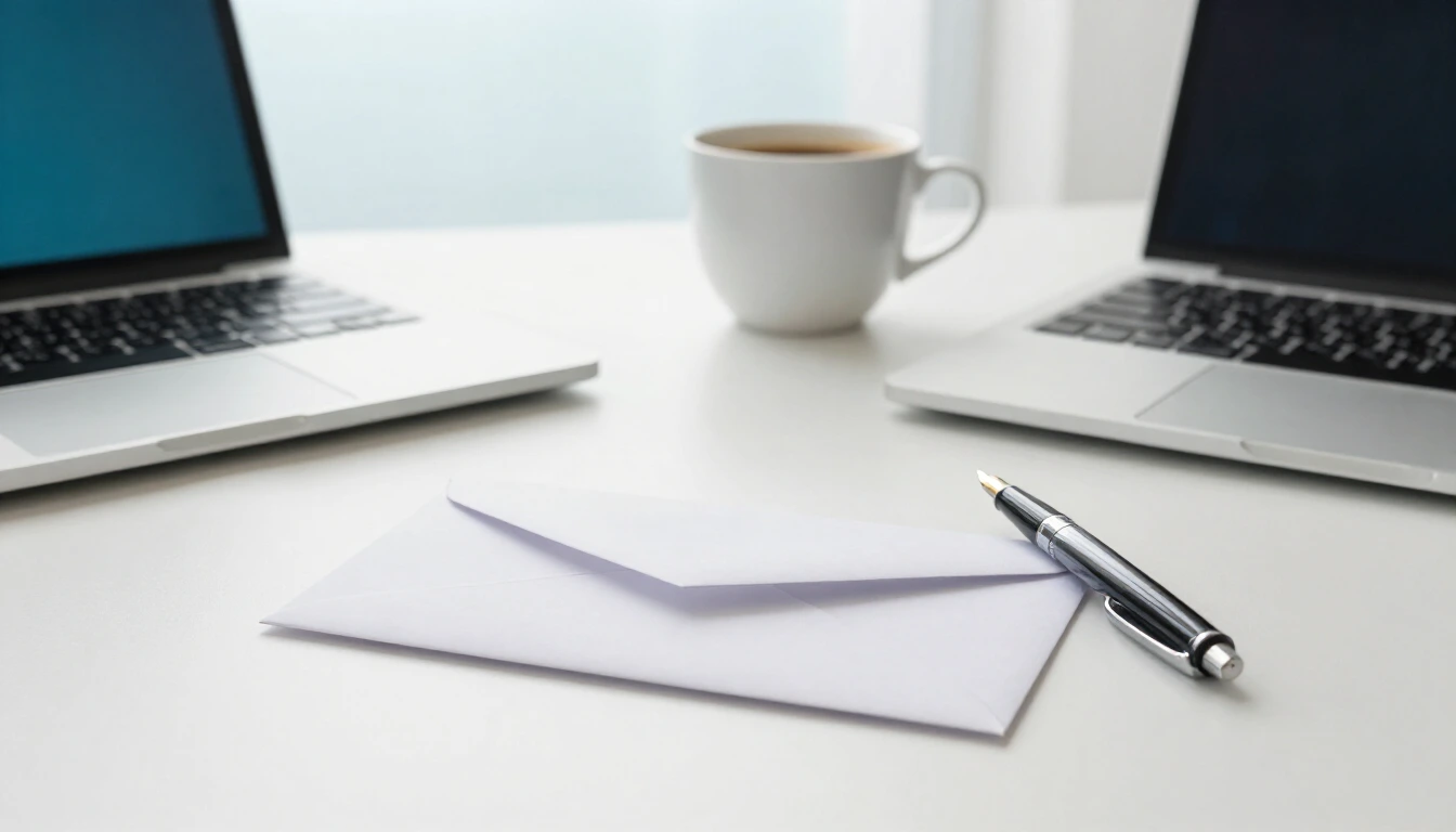 A plain sealed white envelope and a pen on a bright desk next to a laptop and a cup of coffee