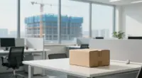 An empty bright open-plan office with a closed cardboard box on a desk, a large building under construction with cranes visible through the windows