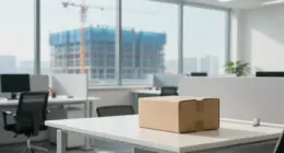 An empty bright open-plan office with a closed cardboard box on a desk, a large building under construction with cranes visible through the windows