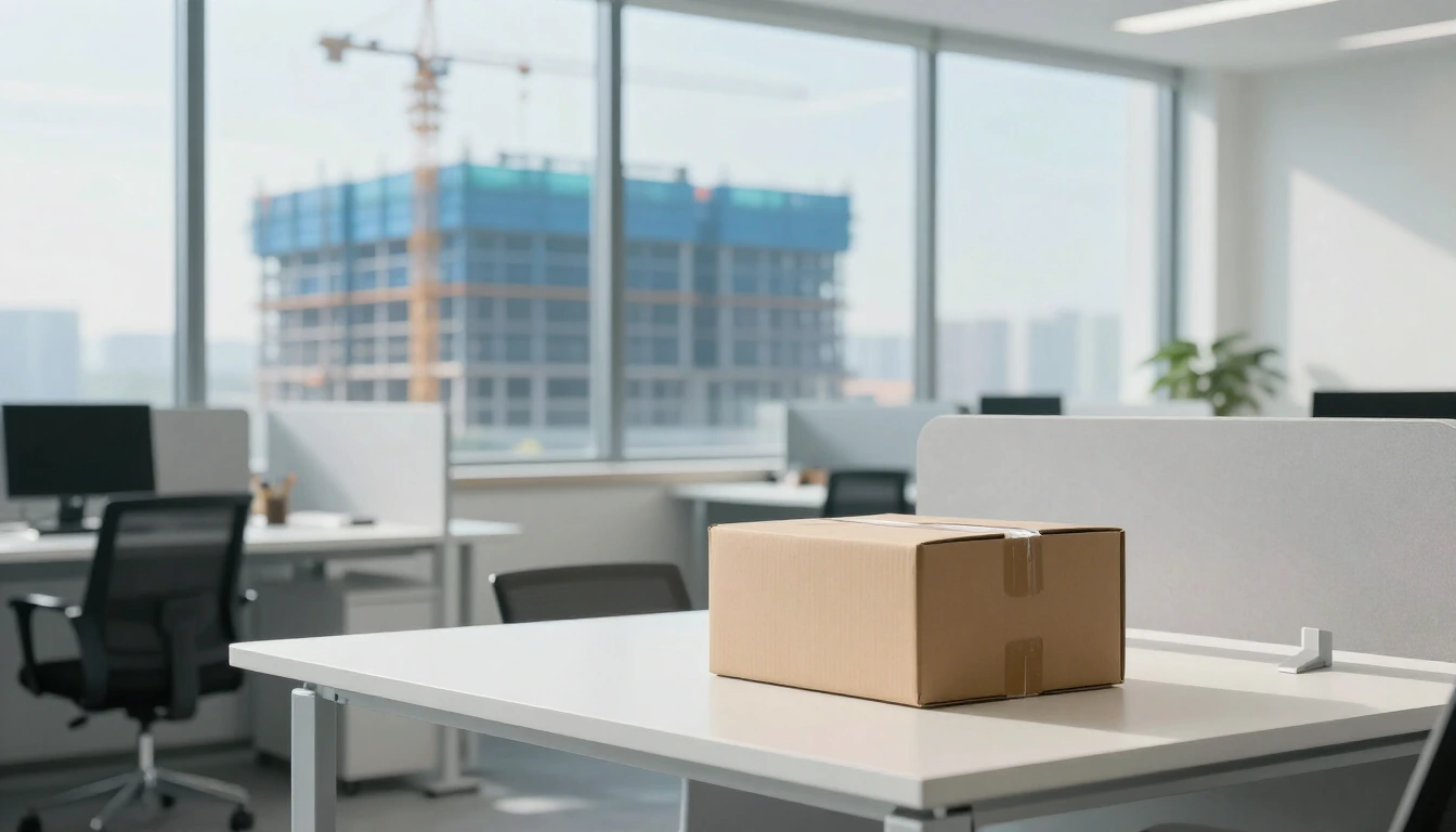 An empty bright open-plan office with a closed cardboard box on a desk, a large building under construction with cranes visible through the windows