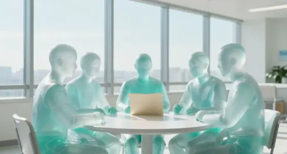Five faceless translucent turquoise glass figures sit around a round white table with a laptop in a bright hospital meeting room with tall windows