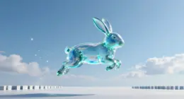 A translucent glass rabbit made of turquoise light leaping across a bright blue sky, trailing light particles, above distant rows of white data-center cubes