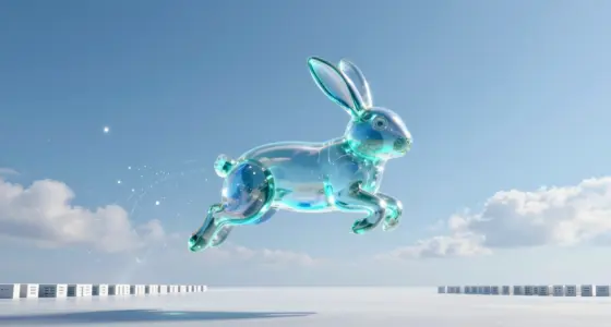 A translucent glass rabbit made of turquoise light leaping across a bright blue sky, trailing light particles, above distant rows of white data-center cubes