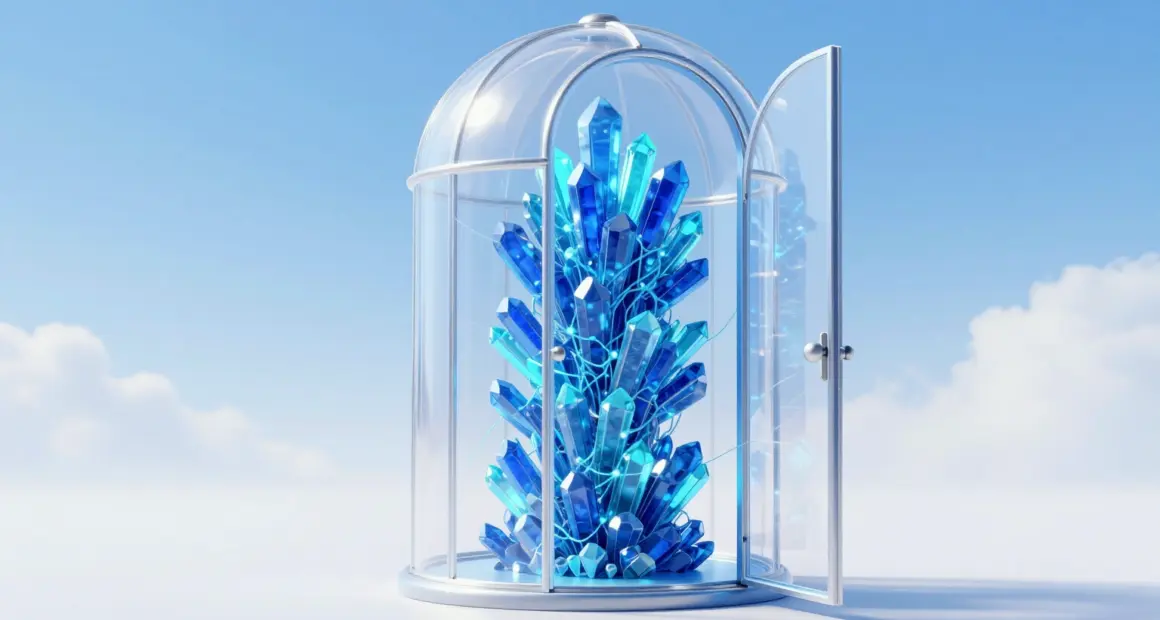Open glass display case holding a glowing cluster of cobalt and turquoise crystals threaded with luminous wires, against a bright sky