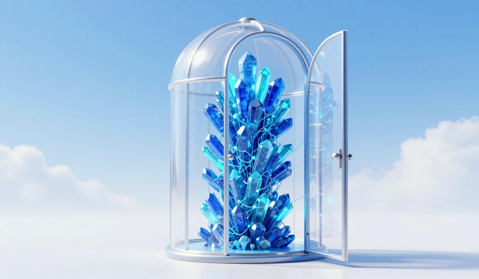 Open glass display case holding a glowing cluster of cobalt and turquoise crystals threaded with luminous wires, against a bright sky