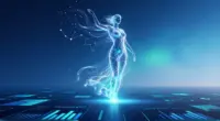 Glowing cobalt and turquoise figure rising above a landscape of luminous data charts
