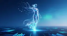 Glowing cobalt and turquoise figure rising above a landscape of luminous data charts