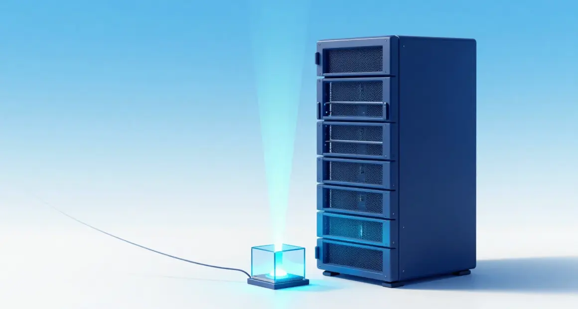 Small glowing glass cube beside a tall dark-blue server rack, its light beam rising into a bright blue sky