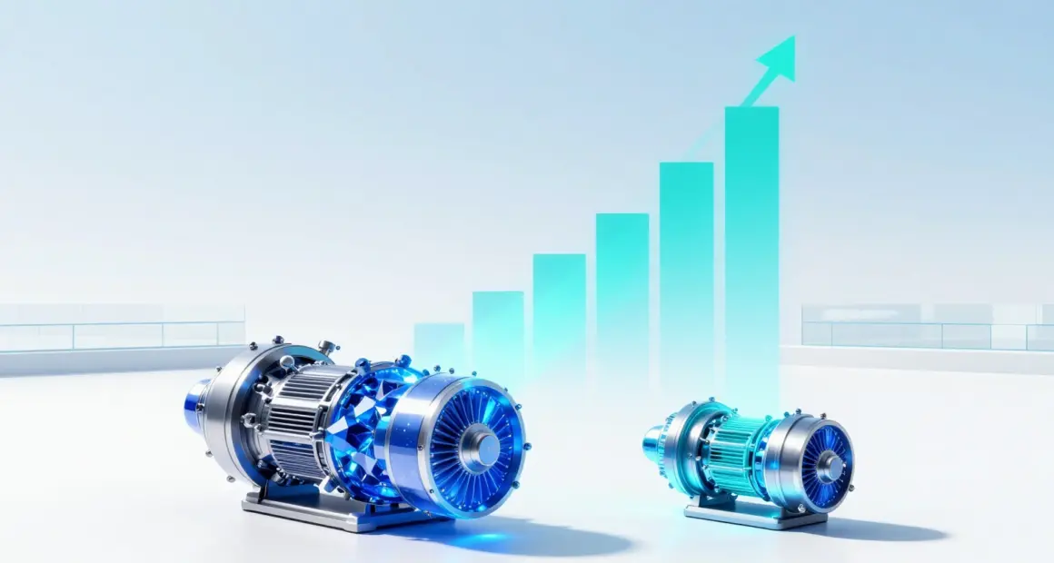 A large and a compact glowing cobalt engine on a bright white floor, with turquoise bars rising toward the horizon