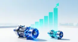 A large and a compact glowing cobalt engine on a bright white floor, with turquoise bars rising toward the horizon