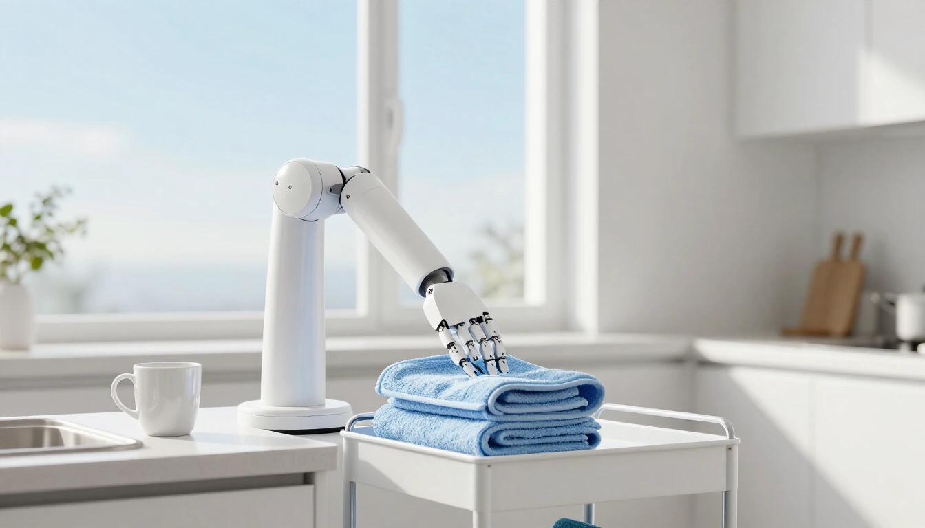 A slim white robotic arm on a stand folds a pale blue towel on a bright home kitchen counter next to a white mug
