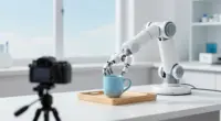 A plain white robotic arm with a two-finger gripper places a pale blue mug on a wooden tray in a bright lab, while a camera on a tripod records it in the foreground