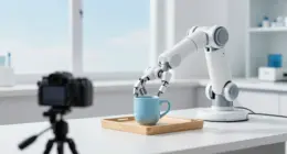 A plain white robotic arm with a two-finger gripper places a pale blue mug on a wooden tray in a bright lab, while a camera on a tripod records it in the foreground