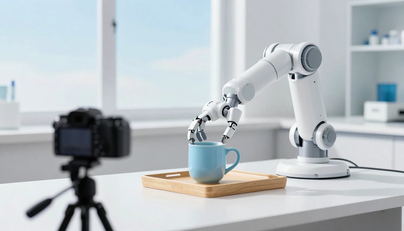 A plain white robotic arm with a two-finger gripper places a pale blue mug on a wooden tray in a bright lab, while a camera on a tripod records it in the foreground