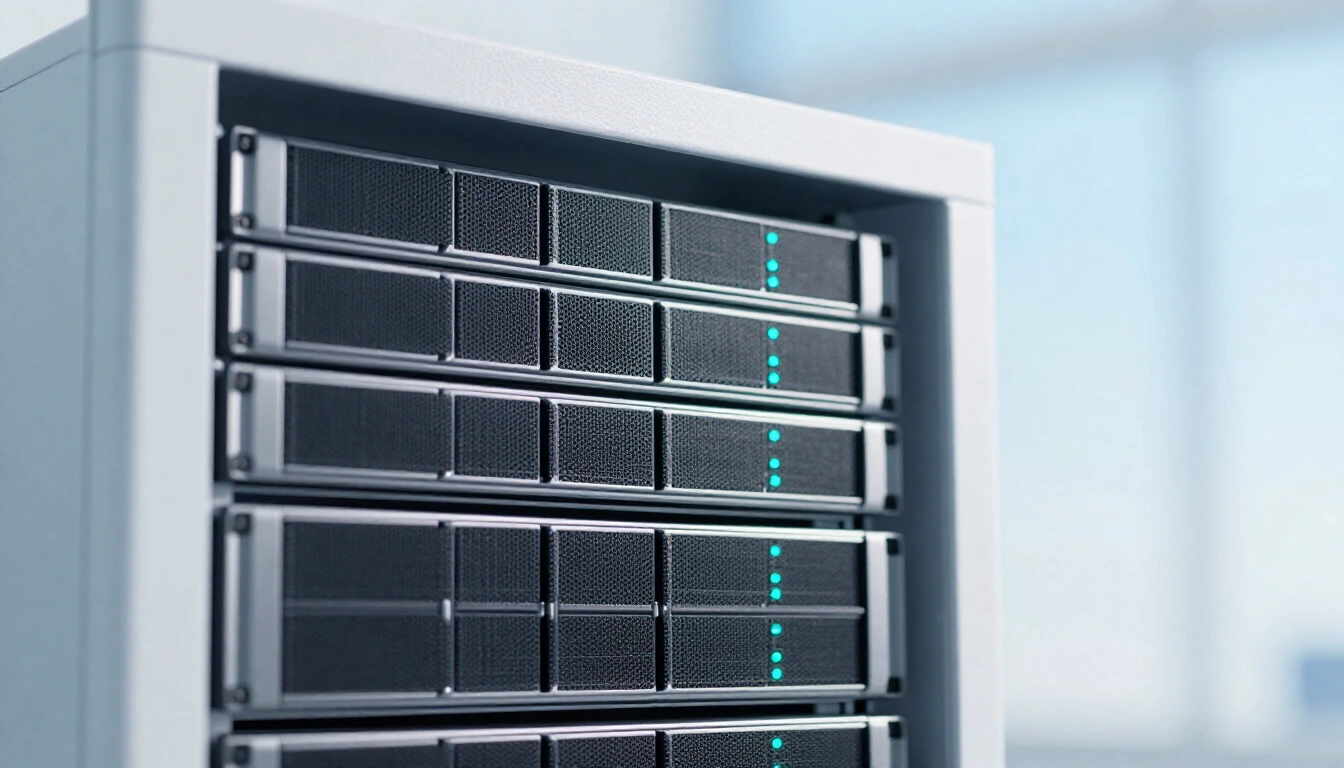 Close-up of a white server rack with rows of metal server units and turquoise status lights