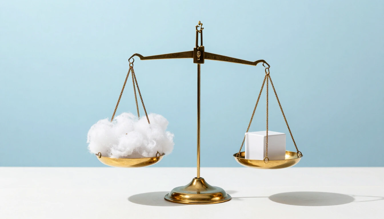 A brass balance scale with a small white cloud on one pan and a white cube on the other