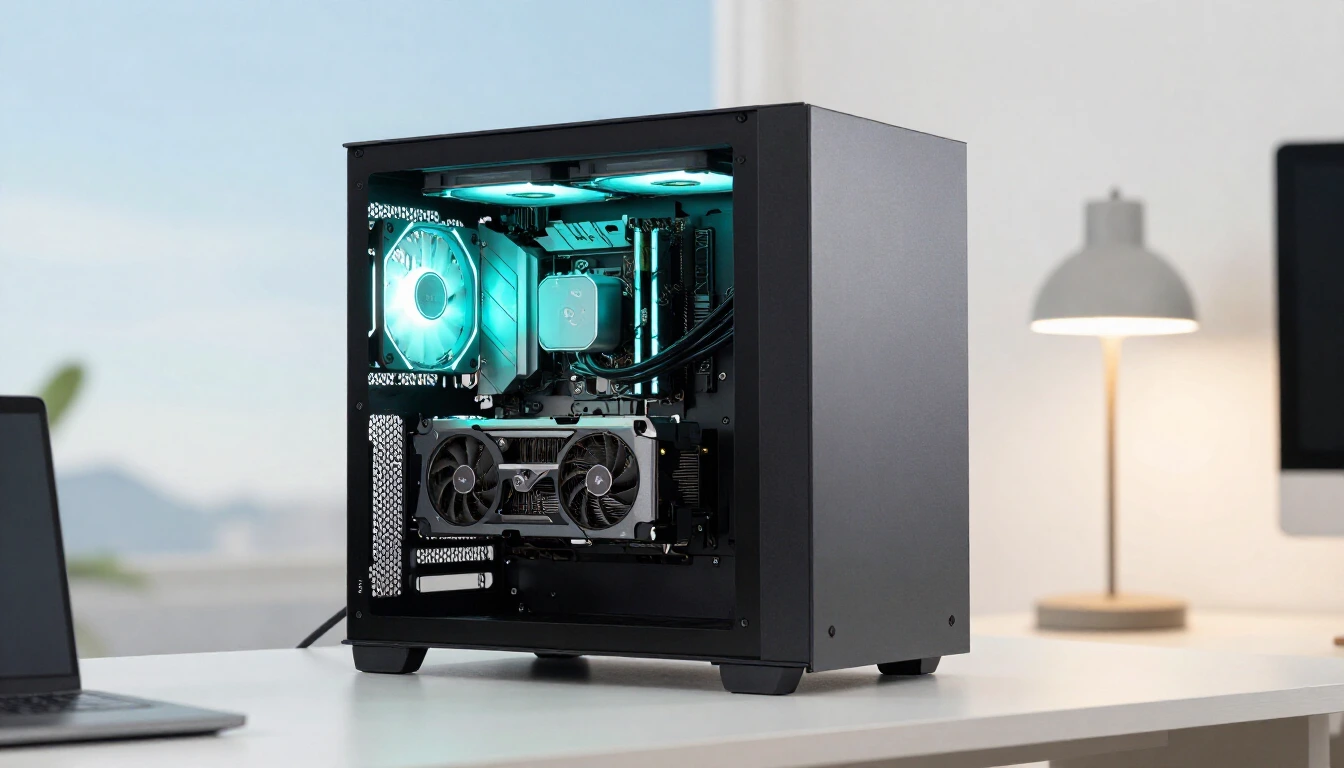 An open desktop computer with a graphics card glowing turquoise on a tidy home desk