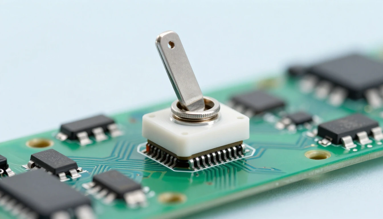 Macro photo of a tiny toggle switch on a green circuit board surrounded by small chips