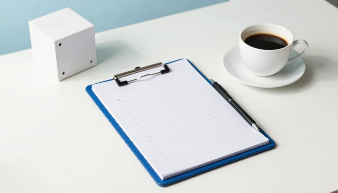 A clipboard with a blank checklist and a pen on a bright desk next to a small white server cube and a coffee cup