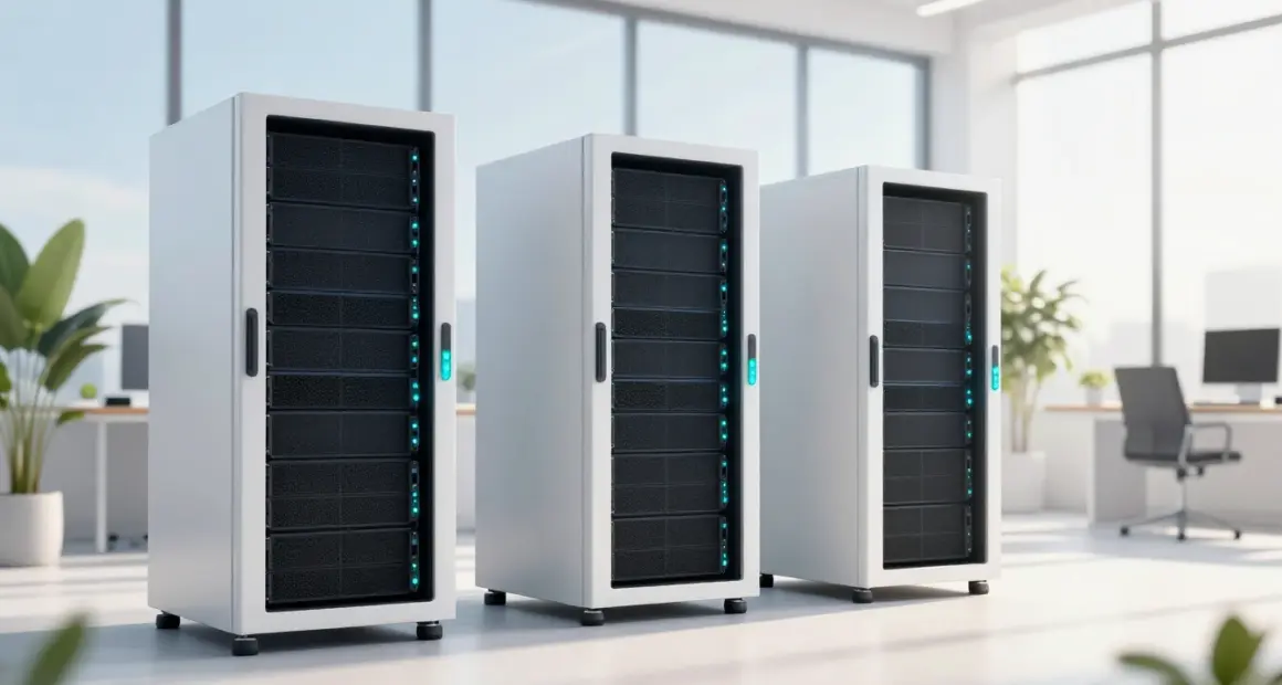 Three white server racks with turquoise status lights in a bright modern office with large windows