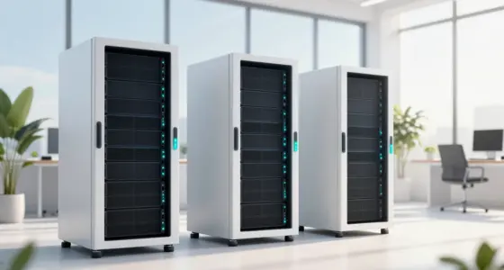 Three white server racks with turquoise status lights in a bright modern office with large windows