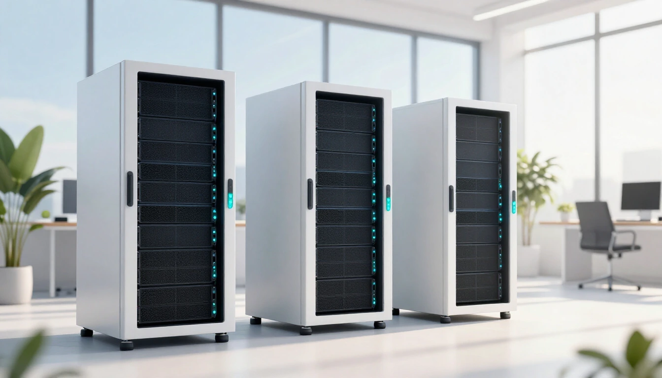 Three white server racks with turquoise status lights in a bright modern office with large windows