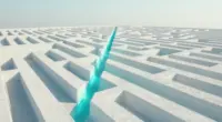 Aerial view of a large white maze with one straight turquoise path cutting diagonally through its walls