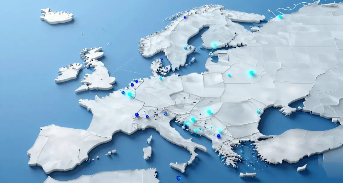 Stylized frosted-glass relief map of Europe on a sky-blue background, with unevenly scattered glowing blue nodes connected by thin lines