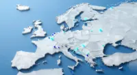 Stylized frosted-glass relief map of Europe on a sky-blue background, with unevenly scattered glowing blue nodes connected by thin lines