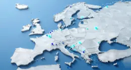 Stylized frosted-glass relief map of Europe on a sky-blue background, with unevenly scattered glowing blue nodes connected by thin lines