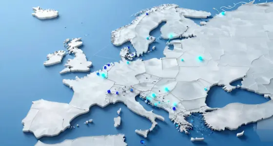 Stylized frosted-glass relief map of Europe on a sky-blue background, with unevenly scattered glowing blue nodes connected by thin lines