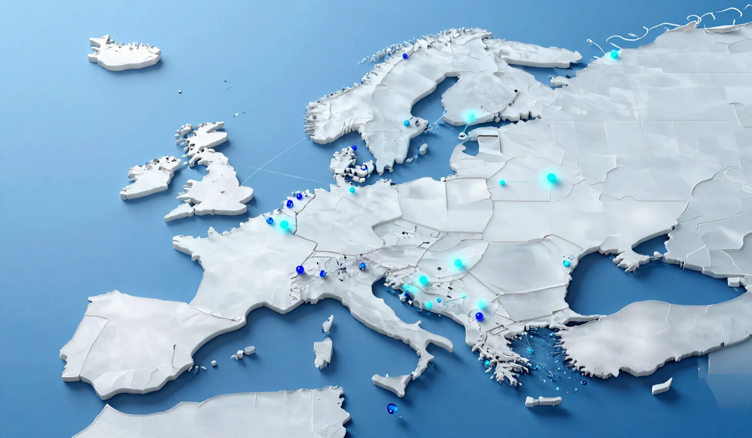 Stylized frosted-glass relief map of Europe on a sky-blue background, with unevenly scattered glowing blue nodes connected by thin lines