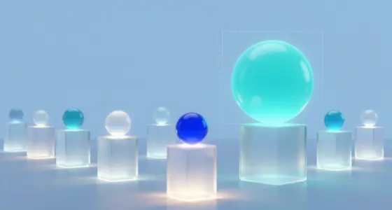 Row of glass pedestals with glowing orbs: a small cobalt orb in the foreground spotlight, a much larger turquoise orb on a pedestal behind it