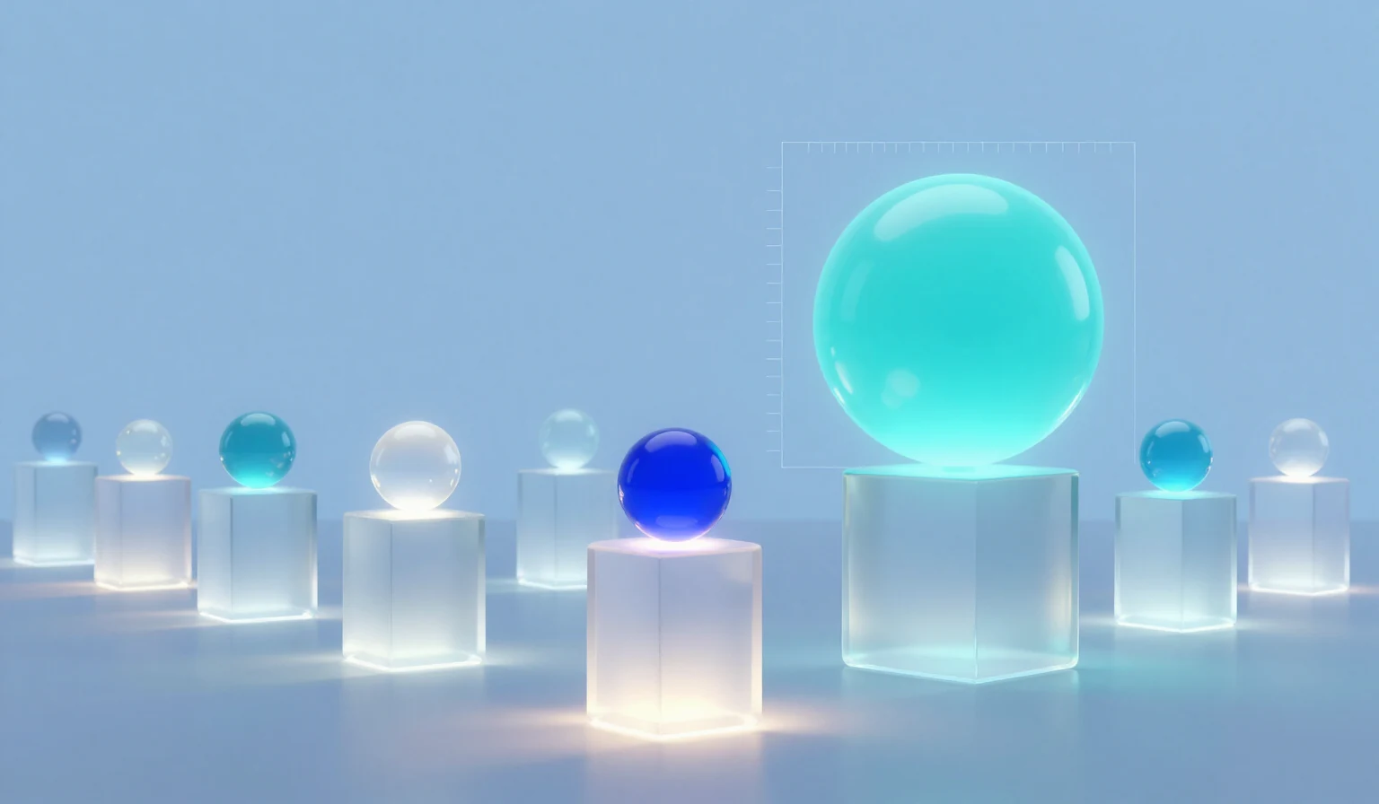 Row of glass pedestals with glowing orbs: a small cobalt orb in the foreground spotlight, a much larger turquoise orb on a pedestal behind it