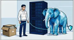 Comic illustration: a researcher in a white hoodie stands beside a server rack and a faceted geometric blue elephant, while a glowing turquoise thread runs from an old archive box to a small turquoise shield
