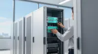 A technician in a light grey shirt slides glowing turquoise server modules into an open white rack in a bright data hall with tall windows and blue sky