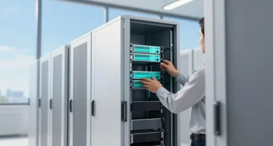 A technician in a light grey shirt slides glowing turquoise server modules into an open white rack in a bright data hall with tall windows and blue sky