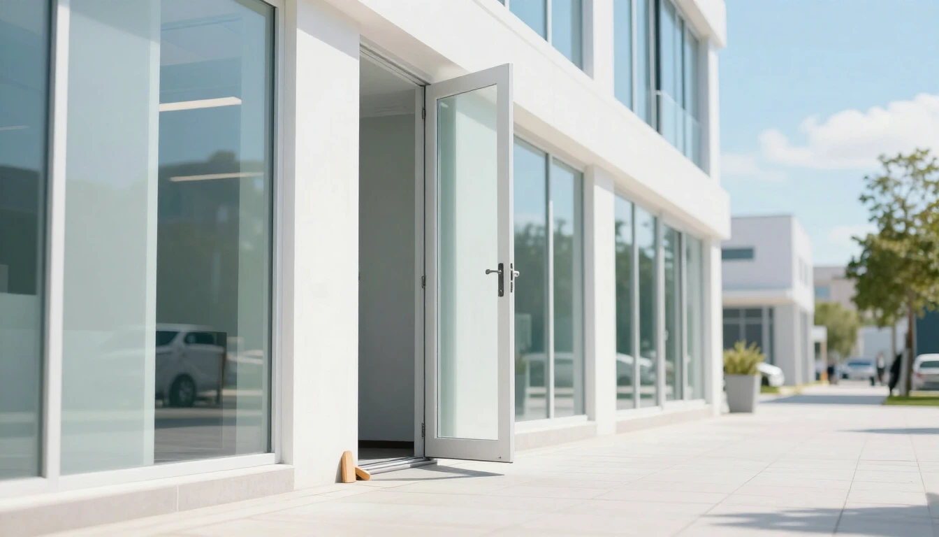 The side service door of a bright modern office building propped open with a small wooden wedge, facing an empty sunny street