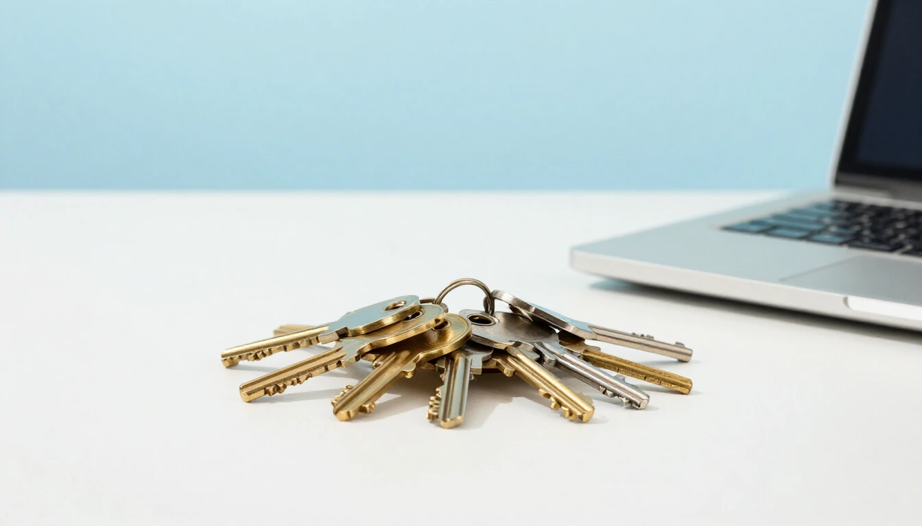 A large ring of brass and silver keys lying on a white office desk next to a closed laptop