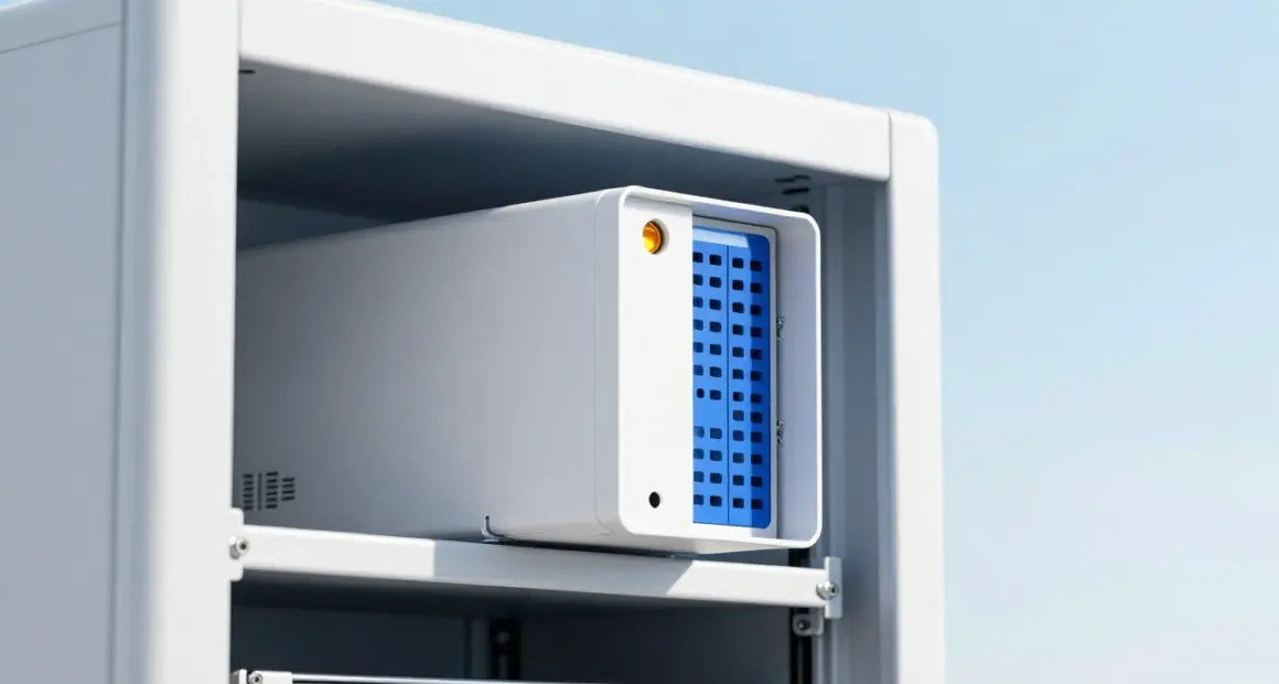 A white network security appliance in an open white server rack with a small front hatch standing open and one amber status light among blue ones
