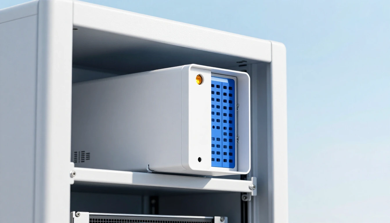 A white network security appliance in an open white server rack with a small front hatch standing open and one amber status light among blue ones