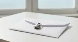 A plain white envelope held shut by a small steel padlock on a bright desk