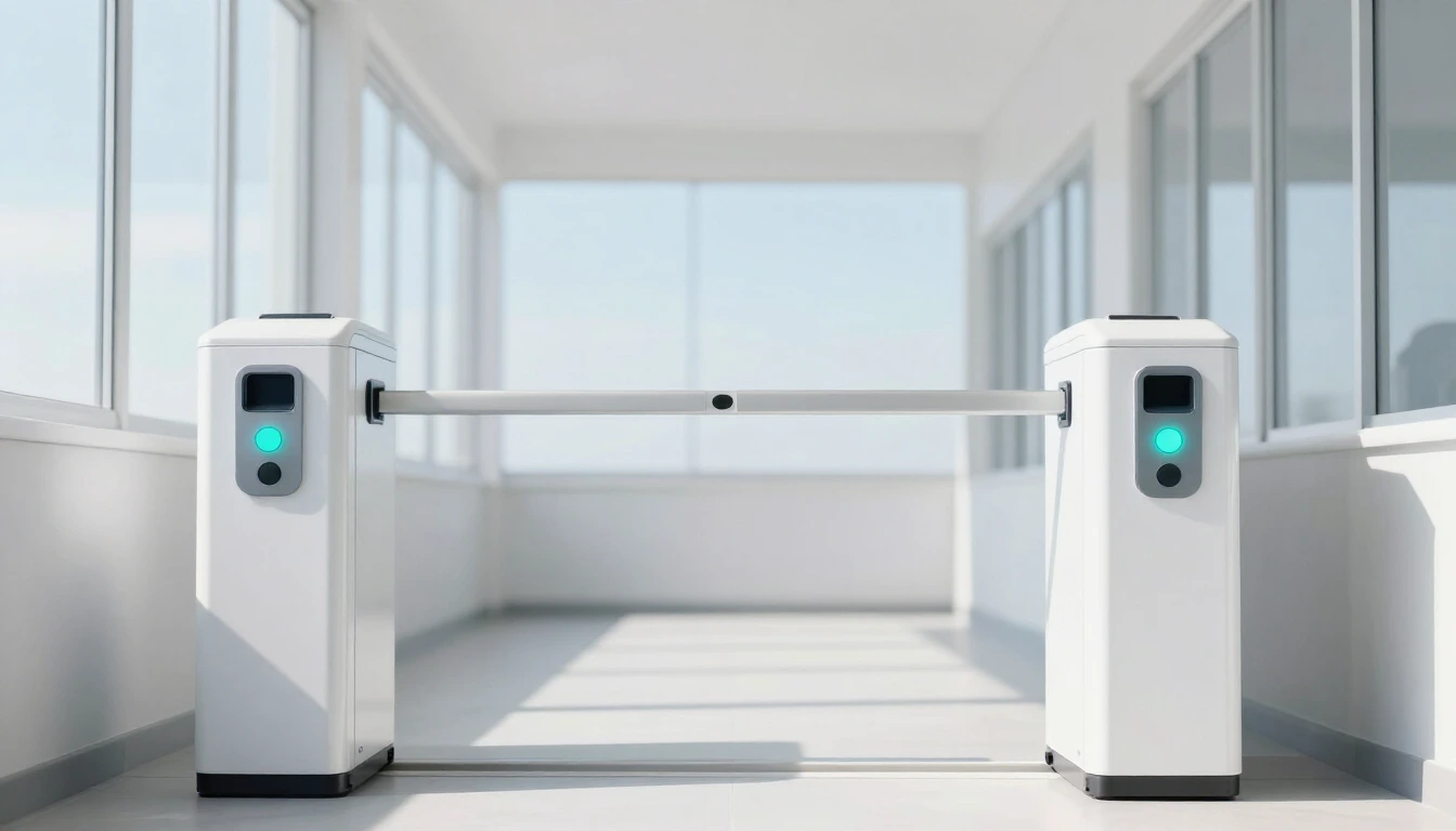 A white security turnstile with a turquoise light in a bright, empty corridor