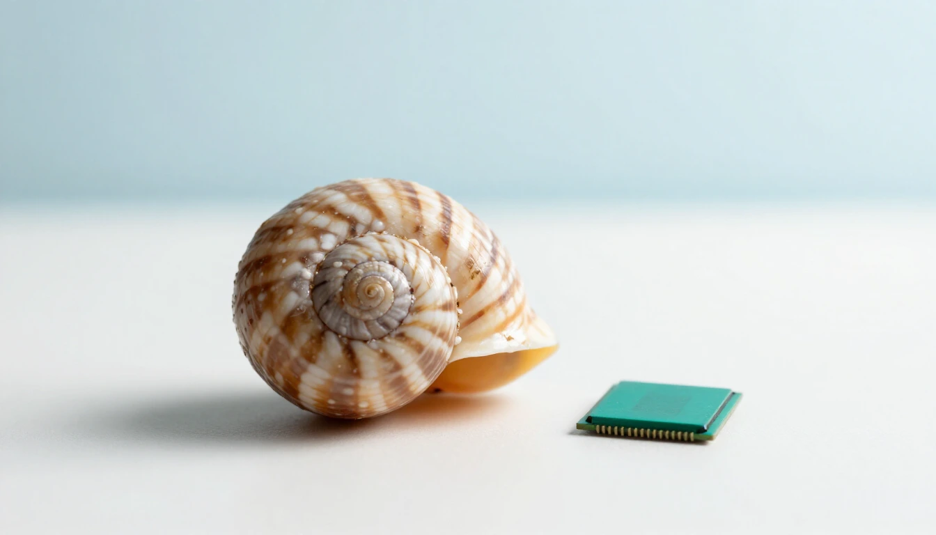 A striped seashell next to a small green computer chip on a white desk