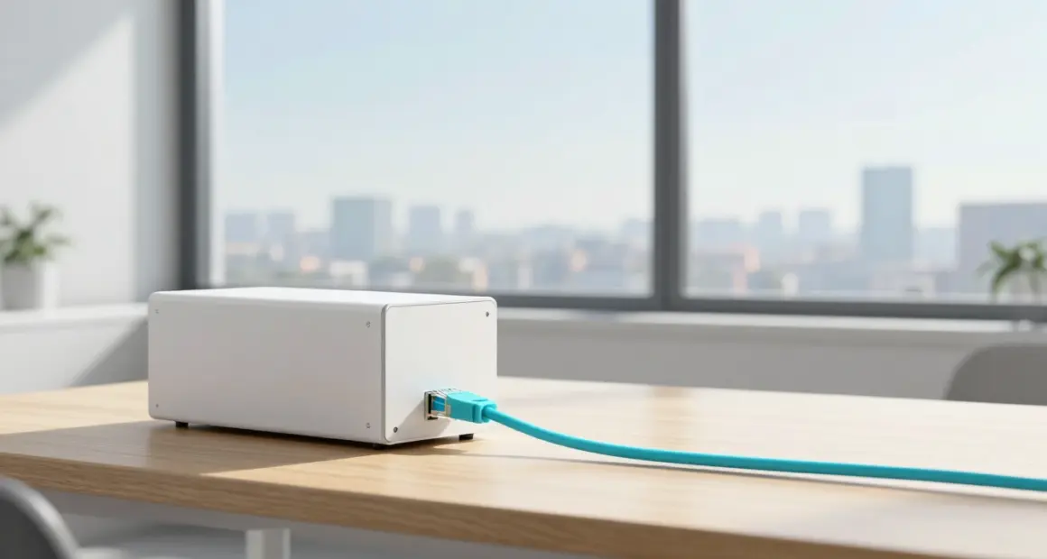 A white server box on a bright wooden desk with a turquoise network cable running toward a large office window